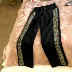 Wide Leg Black Jeans with Cheetah Detail